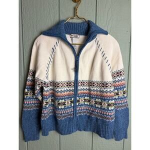 Vintage Tiara International Zip Up Sweater Fair Isle Knit Nordic Blue Floral XL